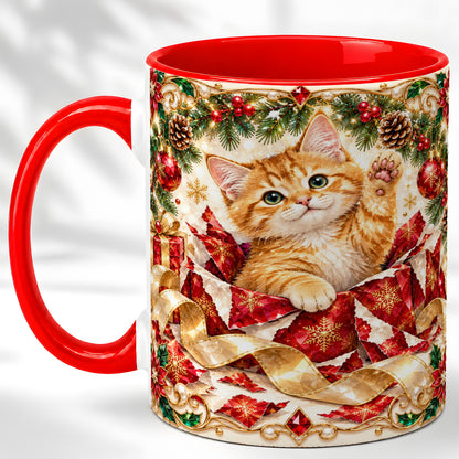 Christmas Kitten Coffee Mug, Wrapped Cat Mug, Ceramic Cup