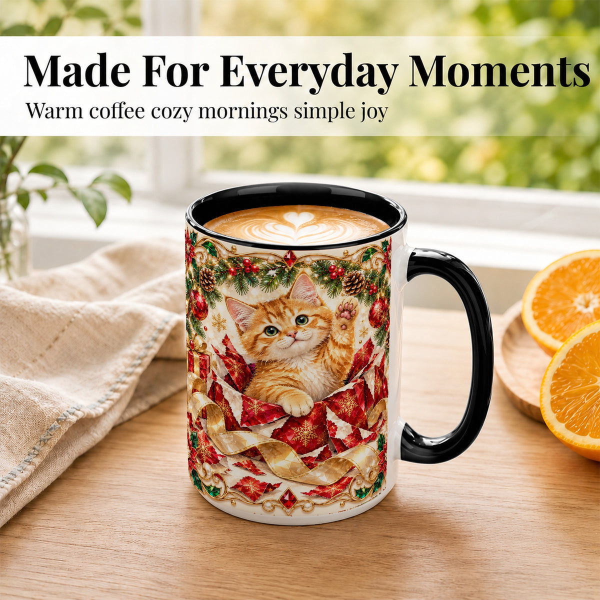 #pl[15oz|Black] Christmas Kitten Coffee Mug, Wrapped Cat Mug, Ceramic Cup