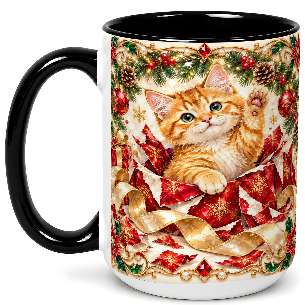 #pl[15oz|Black] Christmas Kitten Coffee Mug, Wrapped Cat Mug, Ceramic Cup