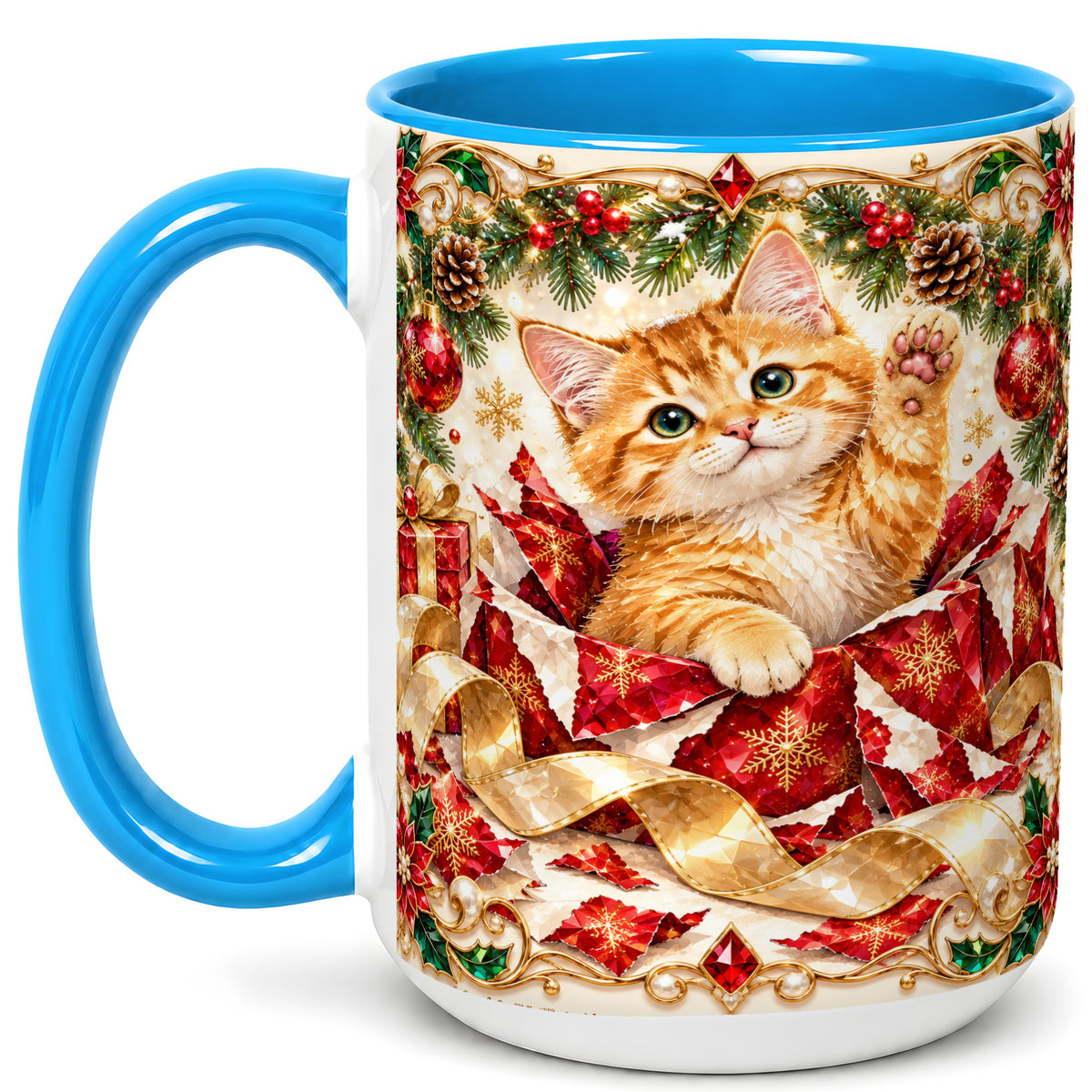 #pl[15oz|Blue] Christmas Kitten Coffee Mug, Wrapped Cat Mug, Ceramic Cup