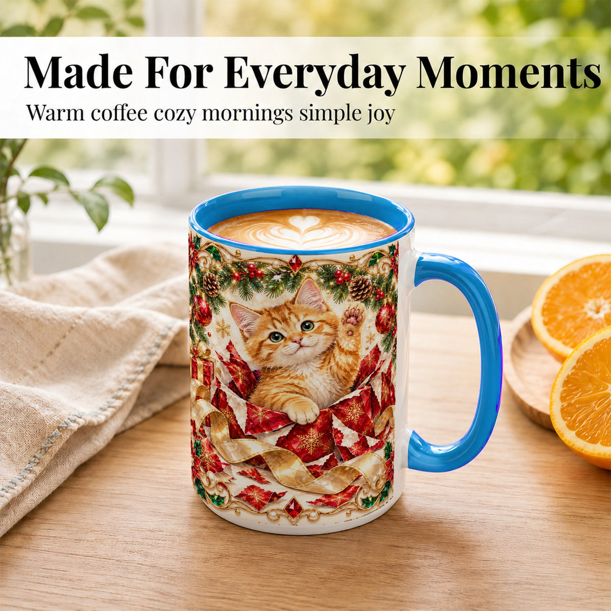 #pl[15oz|Blue] Christmas Kitten Coffee Mug, Wrapped Cat Mug, Ceramic Cup