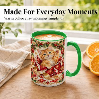 #pl[15oz|Green] Christmas Kitten Coffee Mug, Wrapped Cat Mug, Ceramic Cup
