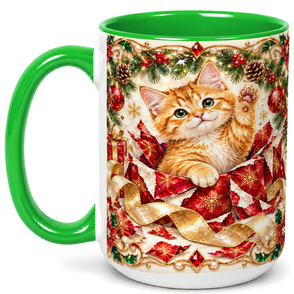 #pl[15oz|Green] Christmas Kitten Coffee Mug, Wrapped Cat Mug, Ceramic Cup