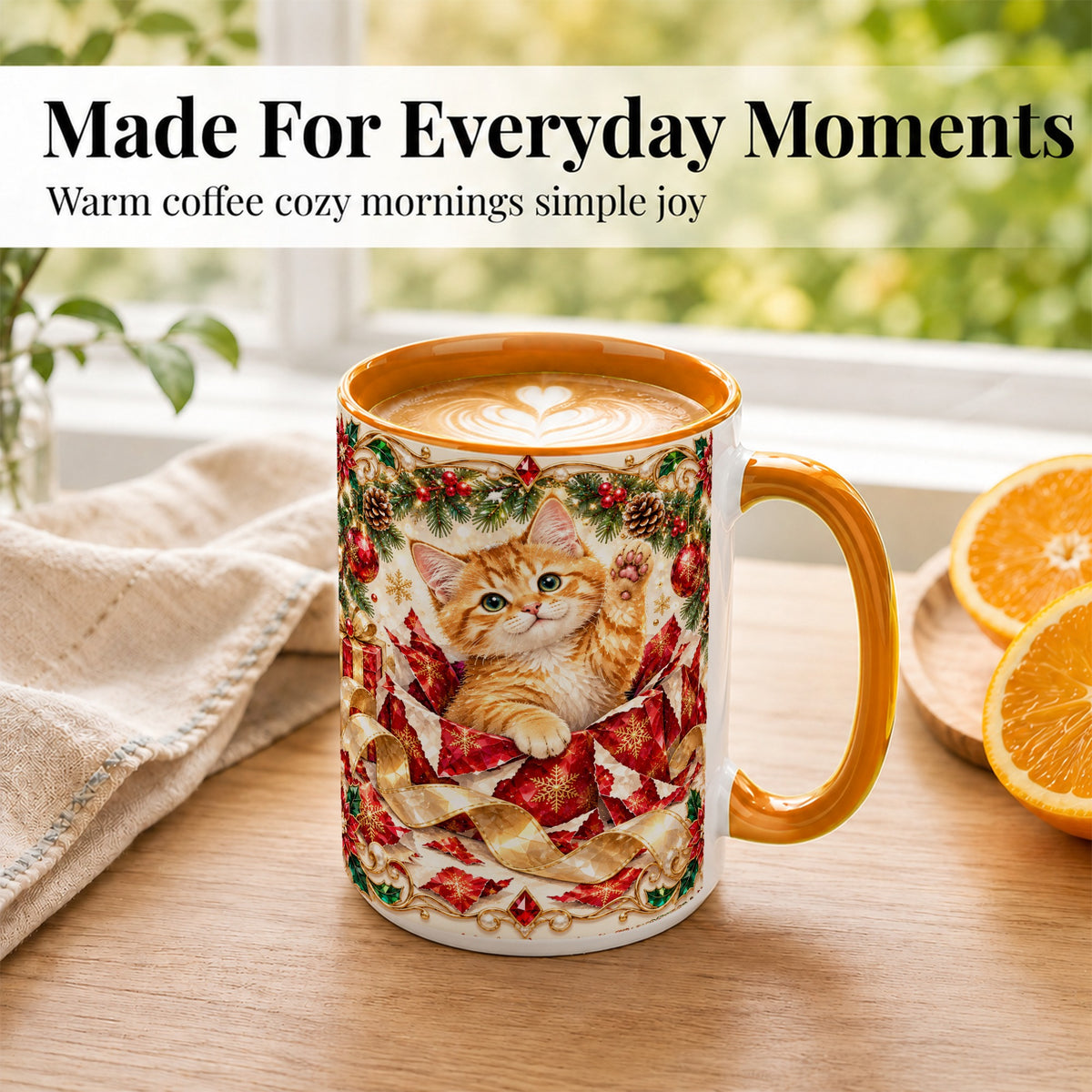 #pl[15oz|Orange] Christmas Kitten Coffee Mug, Wrapped Cat Mug, Ceramic Cup