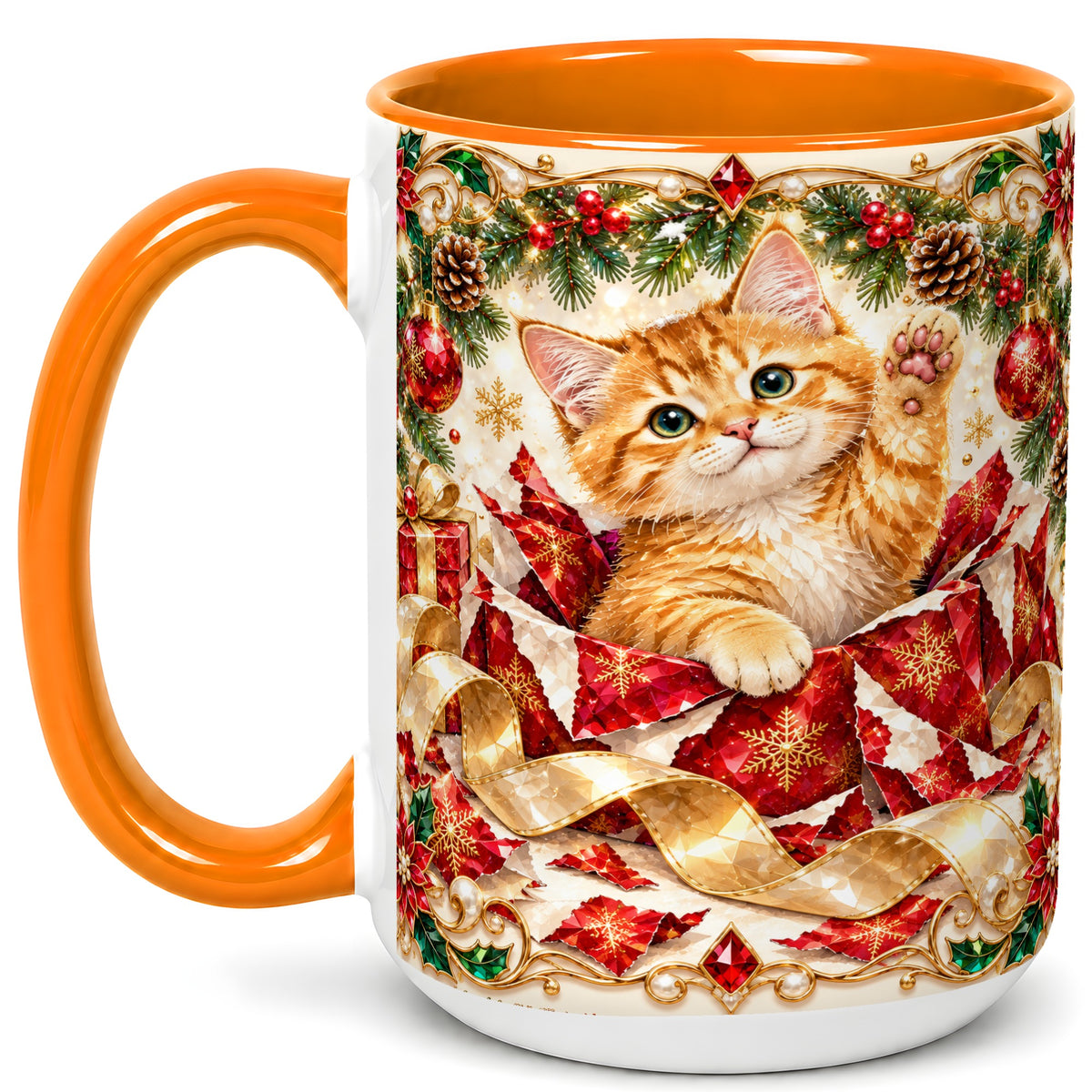 #pl[15oz|Orange] Christmas Kitten Coffee Mug, Wrapped Cat Mug, Ceramic Cup