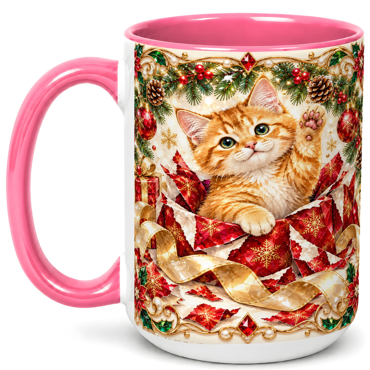 #pl[15oz|Pink] Christmas Kitten Coffee Mug, Wrapped Cat Mug, Ceramic Cup