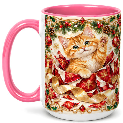 #pl[15oz|Pink] Christmas Kitten Coffee Mug, Wrapped Cat Mug, Ceramic Cup
