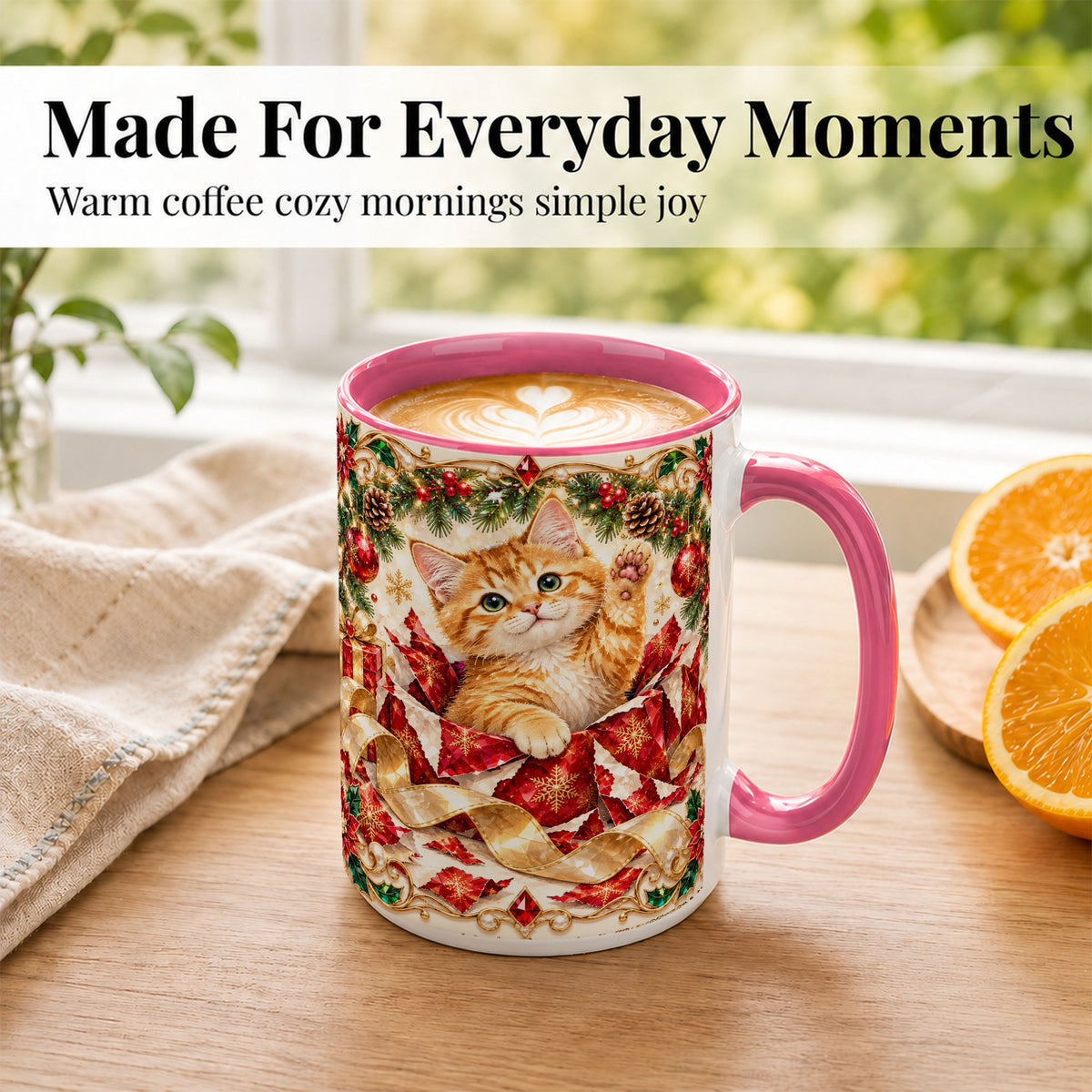 #pl[15oz|Pink] Christmas Kitten Coffee Mug, Wrapped Cat Mug, Ceramic Cup