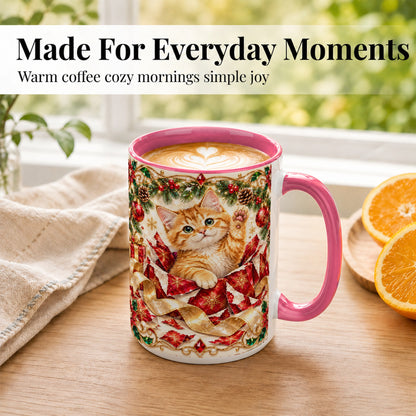 #pl[15oz|Pink] Christmas Kitten Coffee Mug, Wrapped Cat Mug, Ceramic Cup