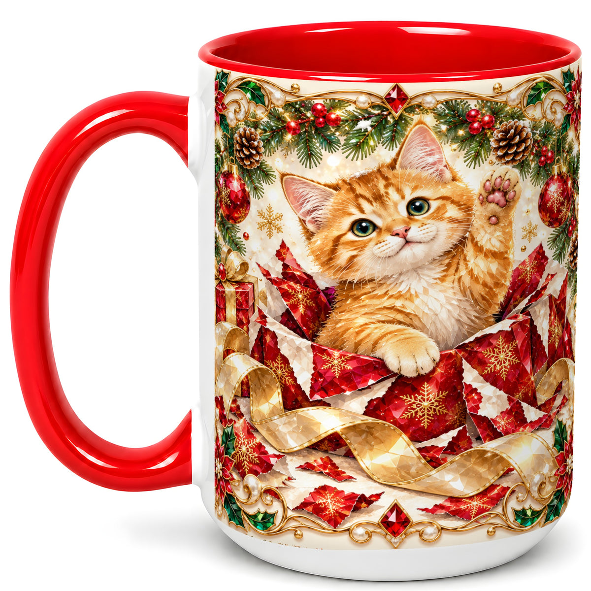#pl[15oz|Red] Christmas Kitten Coffee Mug, Wrapped Cat Mug, Ceramic Cup