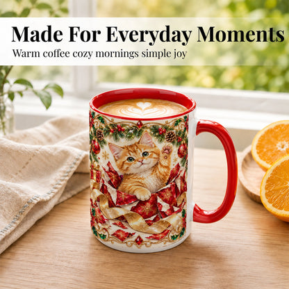#pl[15oz|Red] Christmas Kitten Coffee Mug, Wrapped Cat Mug, Ceramic Cup