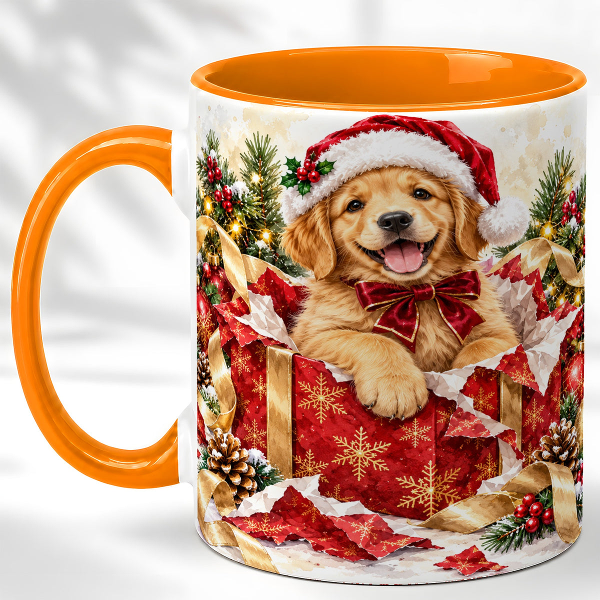#pl[11oz|Orange] Christmas Golden Retriever Coffee Mug, Puppy Mug, Ceramic Cup