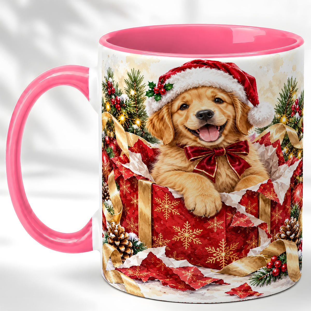 #pl[11oz|Pink] Christmas Golden Retriever Coffee Mug, Puppy Mug, Ceramic Cup