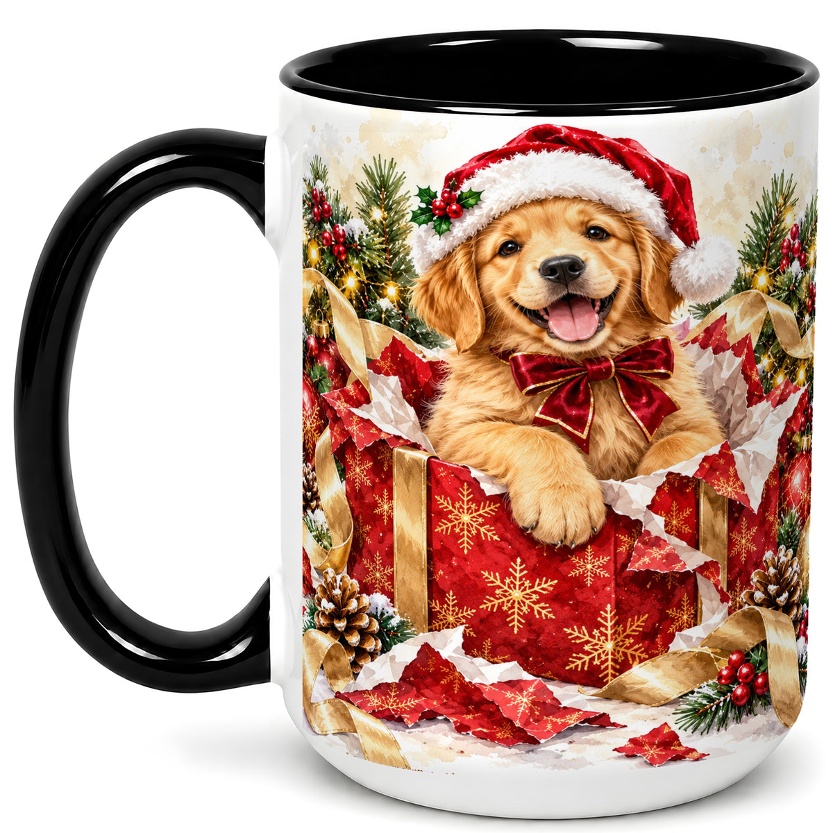 #pl[15oz|Black] Christmas Golden Retriever Coffee Mug, Puppy Mug, Ceramic Cup