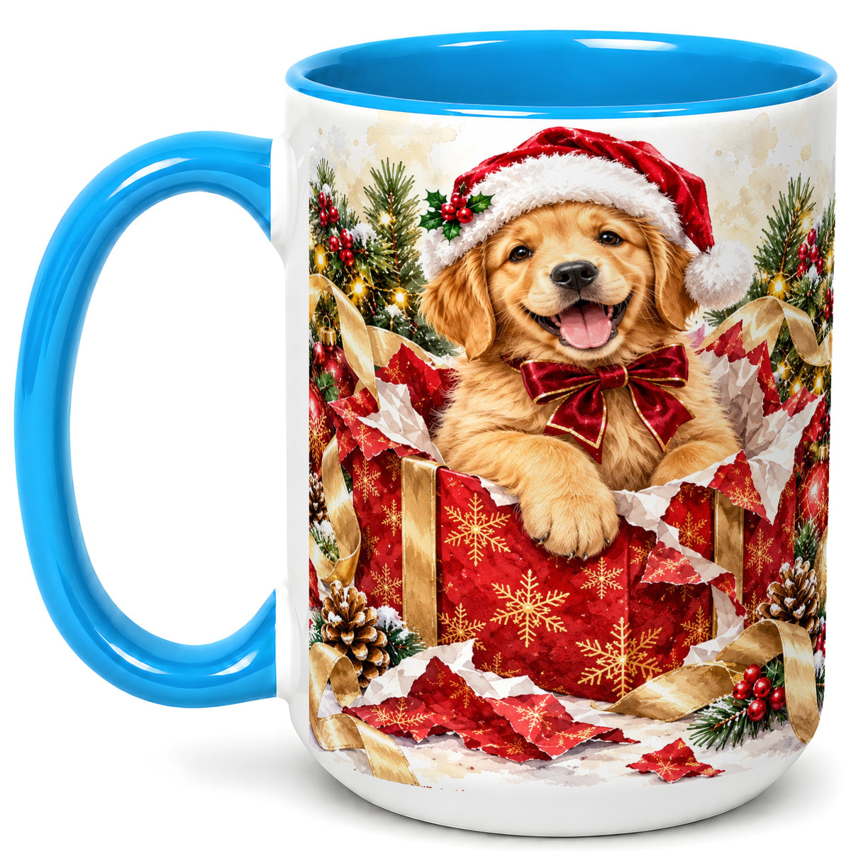 #pl[15oz|Blue] Christmas Golden Retriever Coffee Mug, Puppy Mug, Ceramic Cup