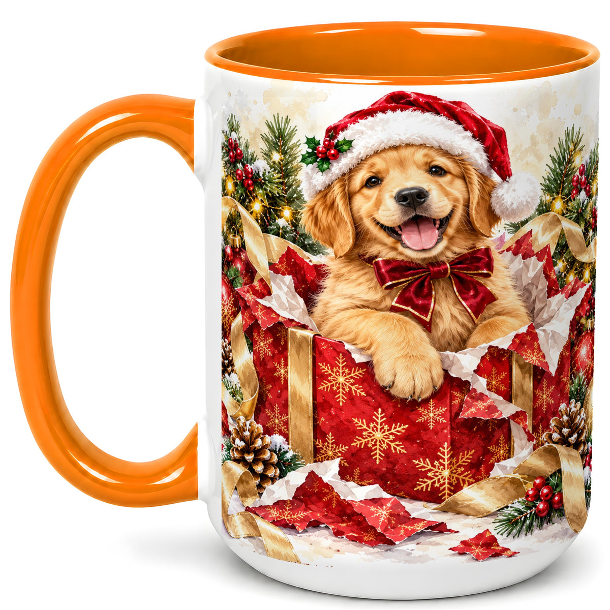 #pl[15oz|Orange] Christmas Golden Retriever Coffee Mug, Puppy Mug, Ceramic Cup