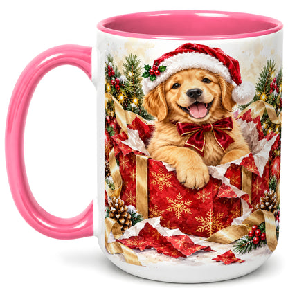 #pl[15oz|Pink] Christmas Golden Retriever Coffee Mug, Puppy Mug, Ceramic Cup