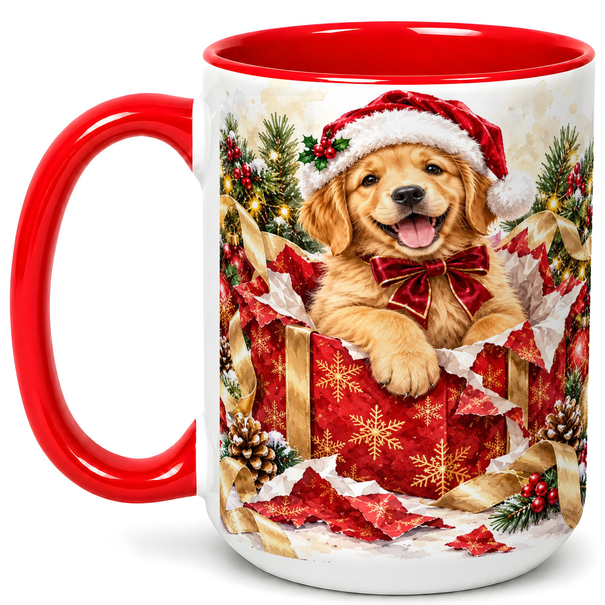 #pl[15oz|Red] Christmas Golden Retriever Coffee Mug, Puppy Mug, Ceramic Cup