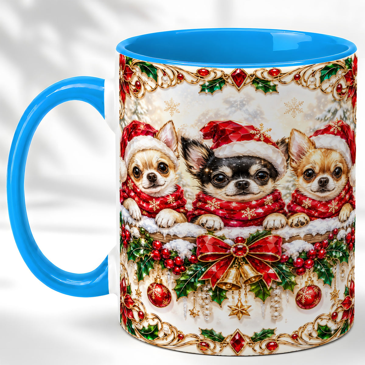 #pl[11oz|Blue] Christmas Chihuahua Coffee Mug, Jeweled Holiday Dog Mug, Ceramic Cup