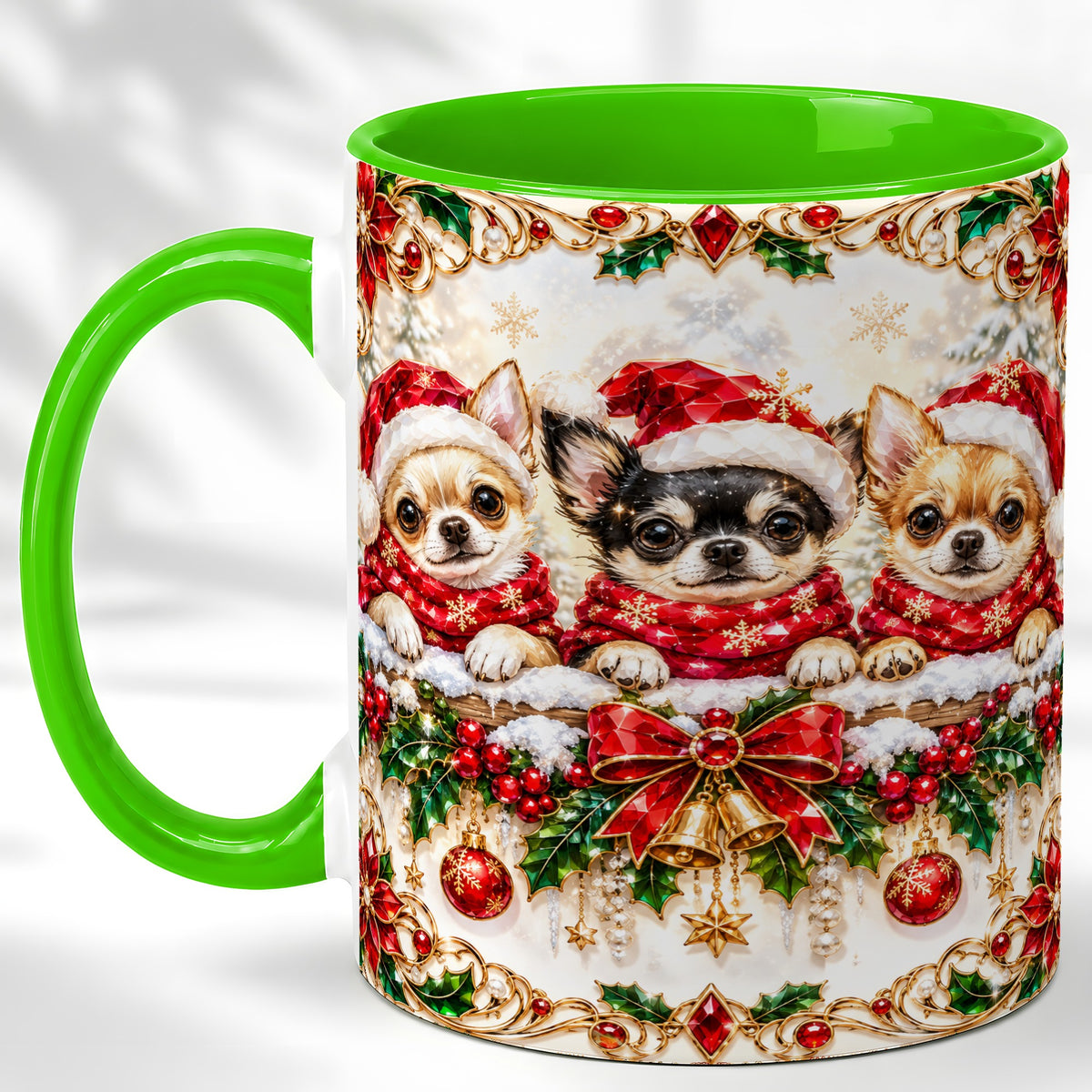 #pl[11oz|Green] Christmas Chihuahua Coffee Mug, Jeweled Holiday Dog Mug, Ceramic Cup
