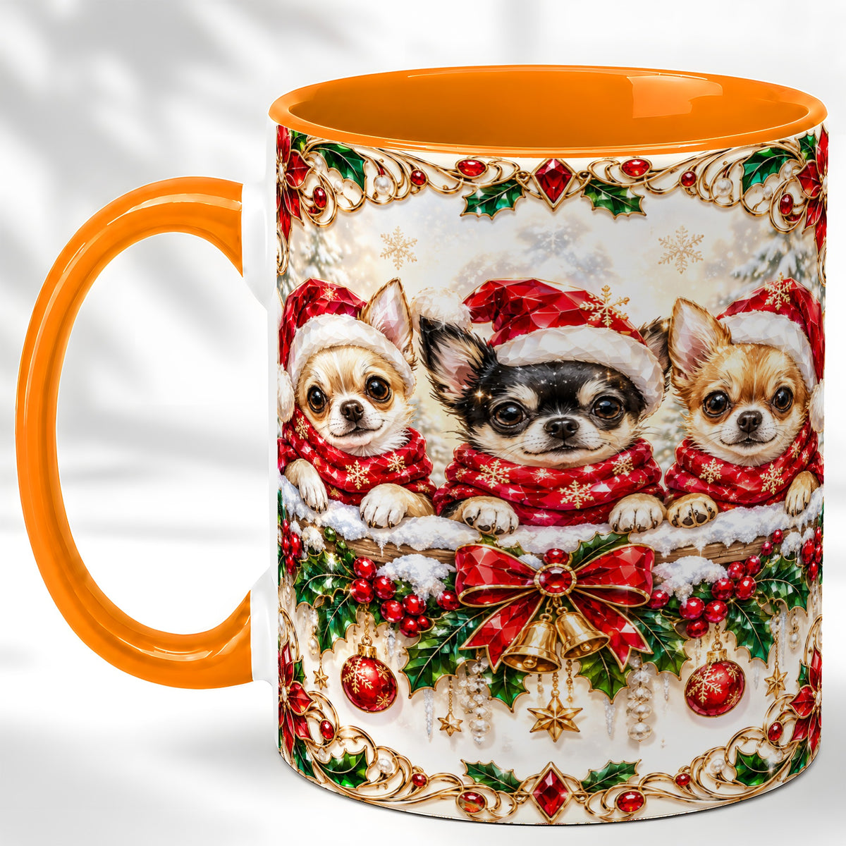 #pl[11oz|Orange] Christmas Chihuahua Coffee Mug, Jeweled Holiday Dog Mug, Ceramic Cup