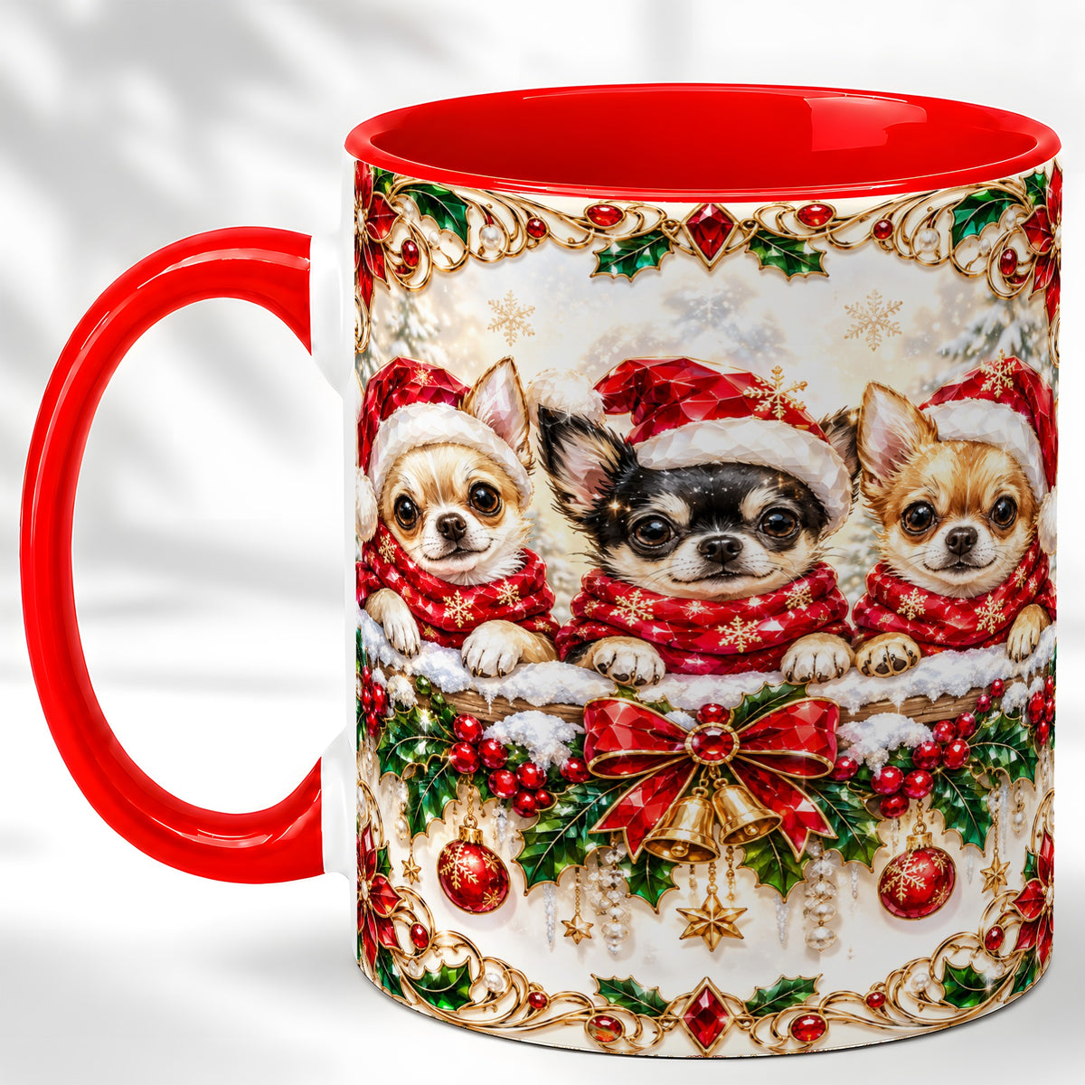 Christmas Chihuahua Coffee Mug, Jeweled Holiday Dog Mug, Ceramic Cup