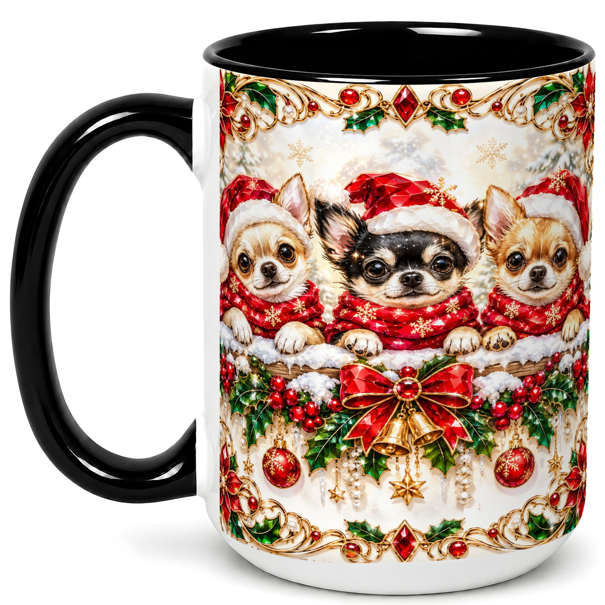 #pl[15oz|Black] Christmas Chihuahua Coffee Mug, Jeweled Holiday Dog Mug, Ceramic Cup