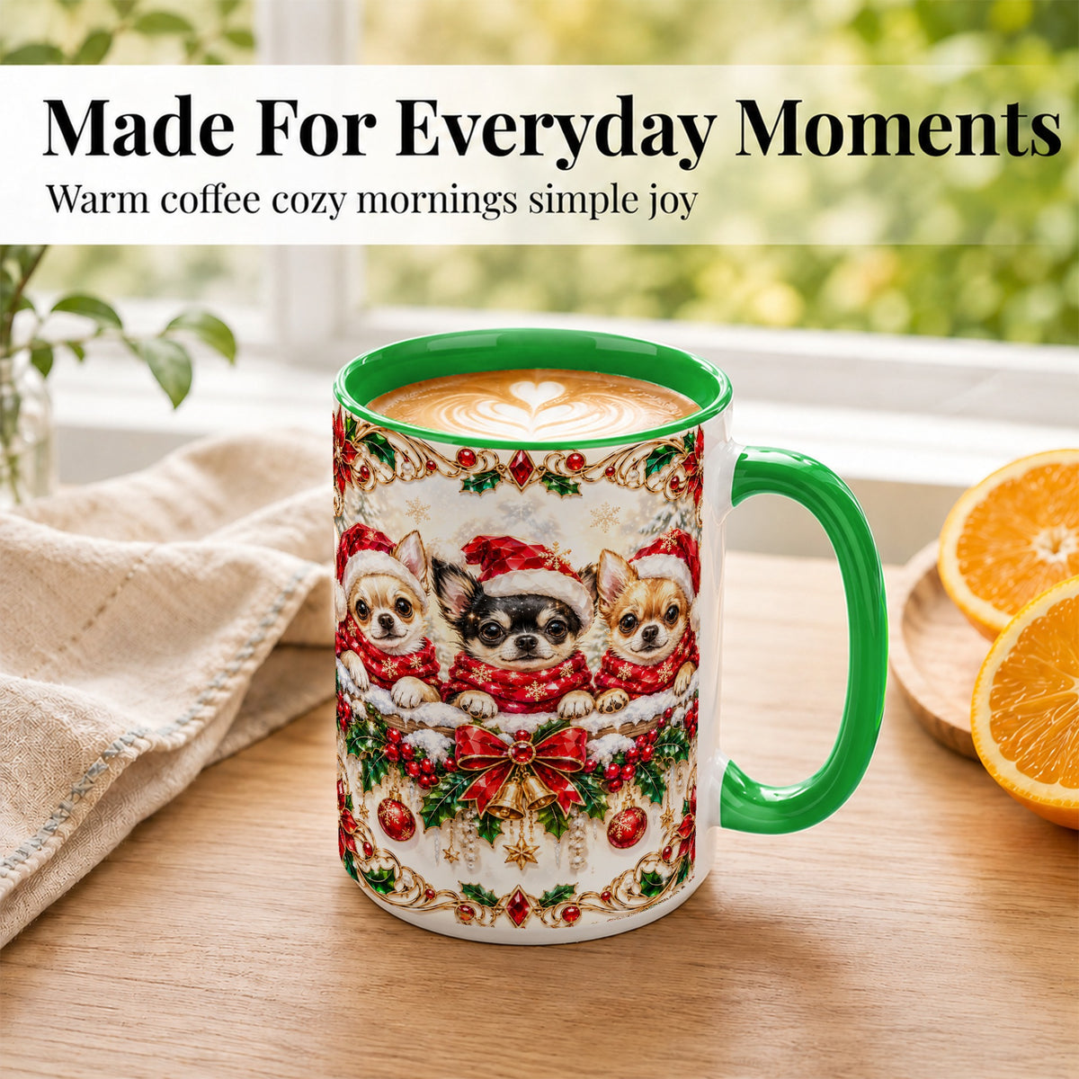 #pl[15oz|Green] Christmas Chihuahua Coffee Mug, Jeweled Holiday Dog Mug, Ceramic Cup