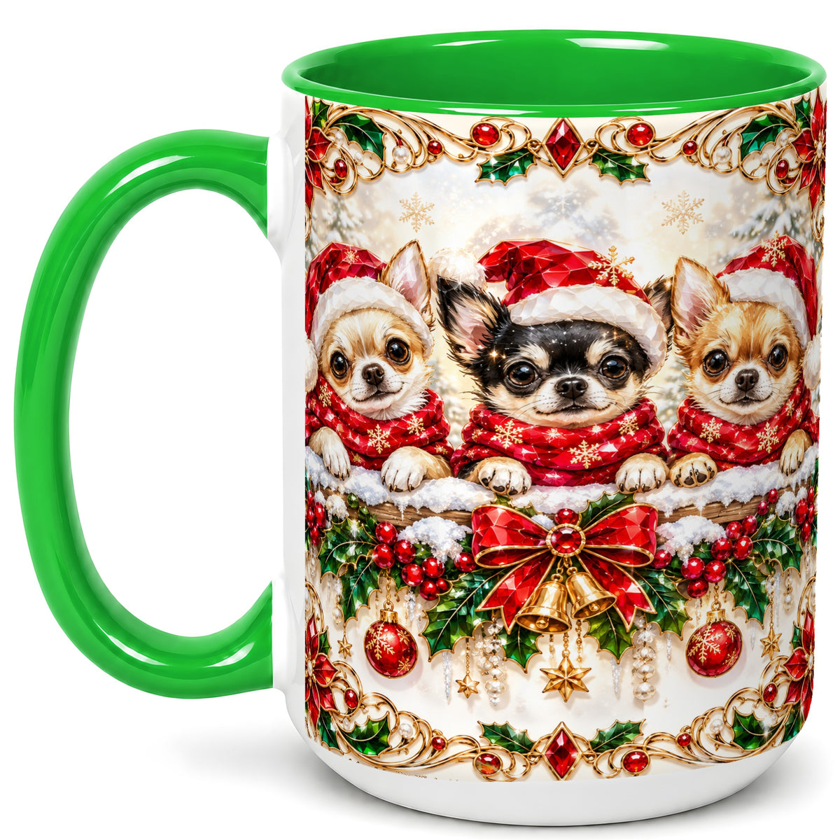 #pl[15oz|Green] Christmas Chihuahua Coffee Mug, Jeweled Holiday Dog Mug, Ceramic Cup