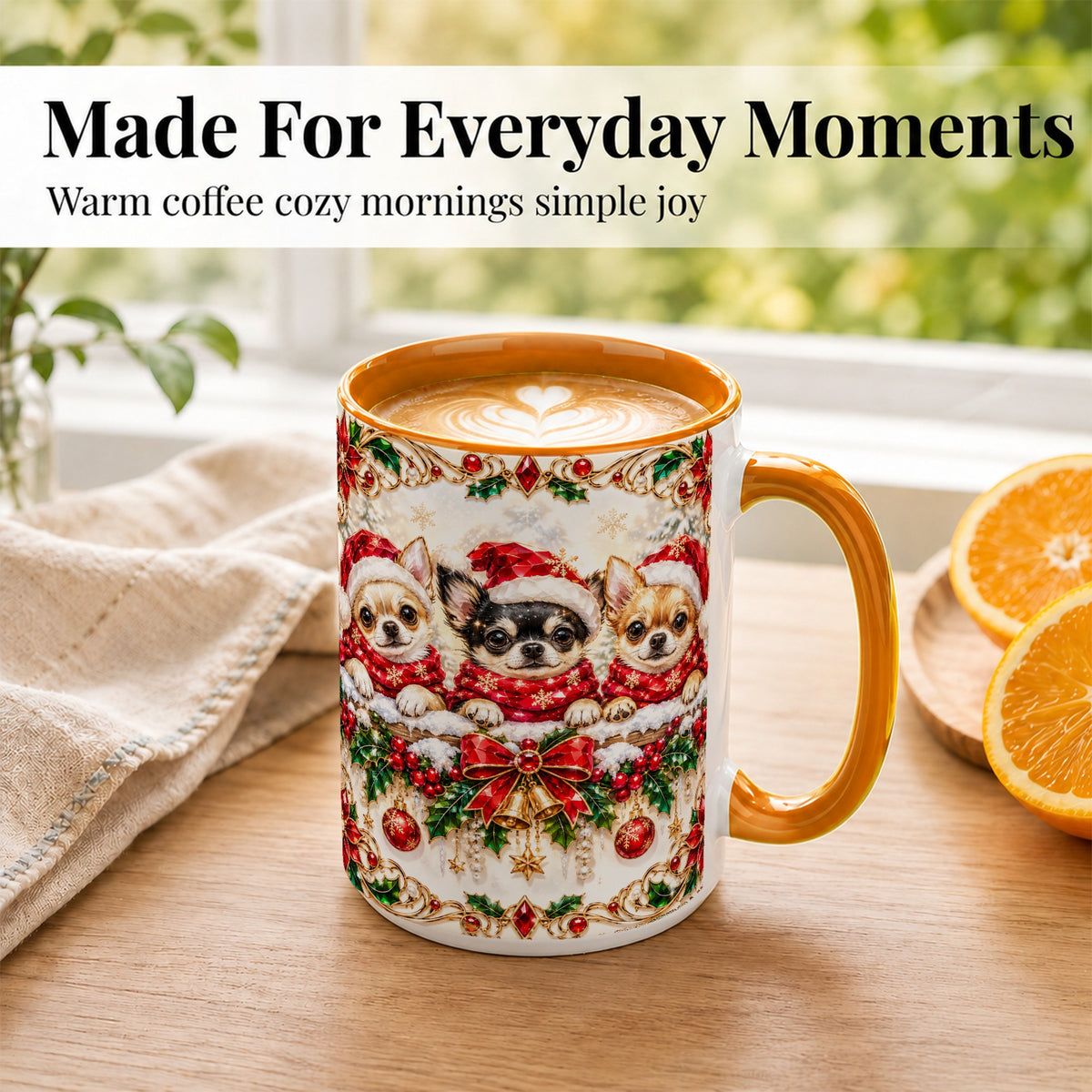 #pl[15oz|Orange] Christmas Chihuahua Coffee Mug, Jeweled Holiday Dog Mug, Ceramic Cup