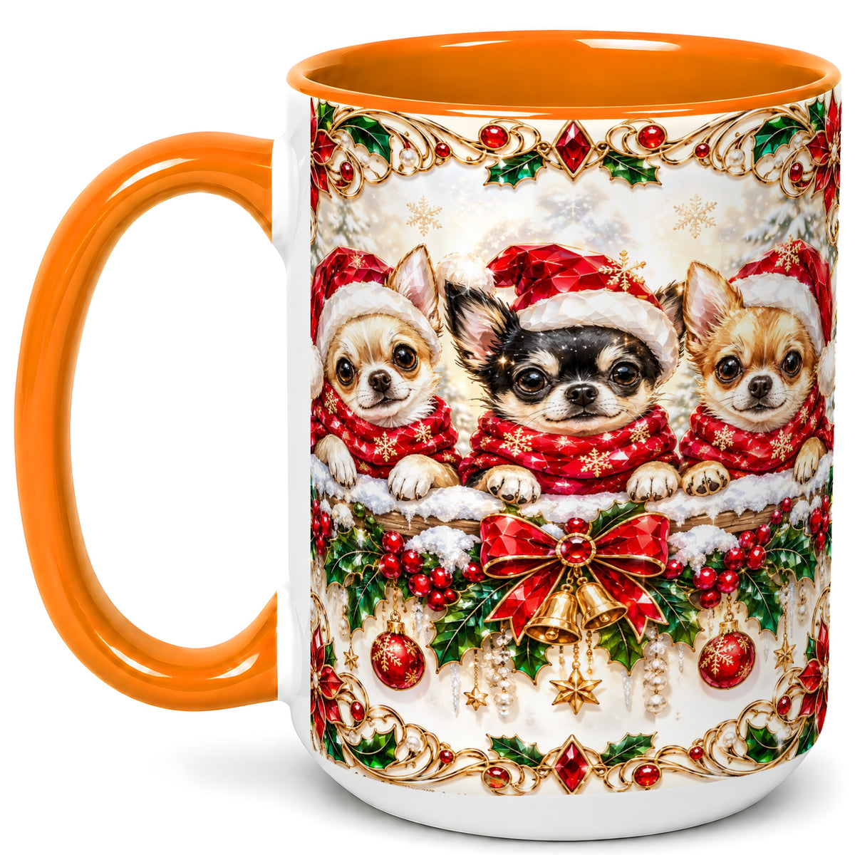 #pl[15oz|Orange] Christmas Chihuahua Coffee Mug, Jeweled Holiday Dog Mug, Ceramic Cup
