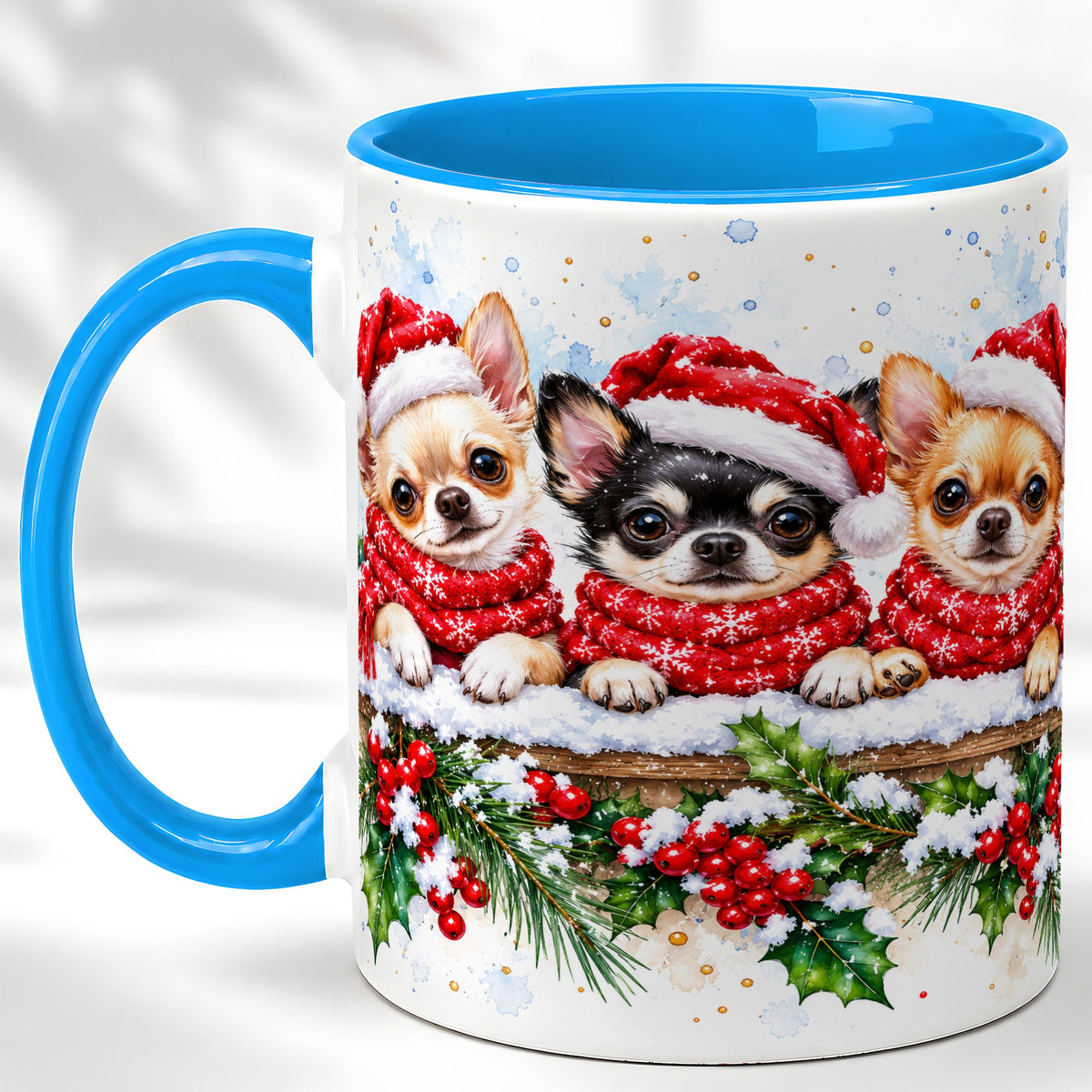 #pl[11oz|Blue] Watercolor Chihuahua Coffee Mug, Christmas Dog Mug, Ceramic Cup