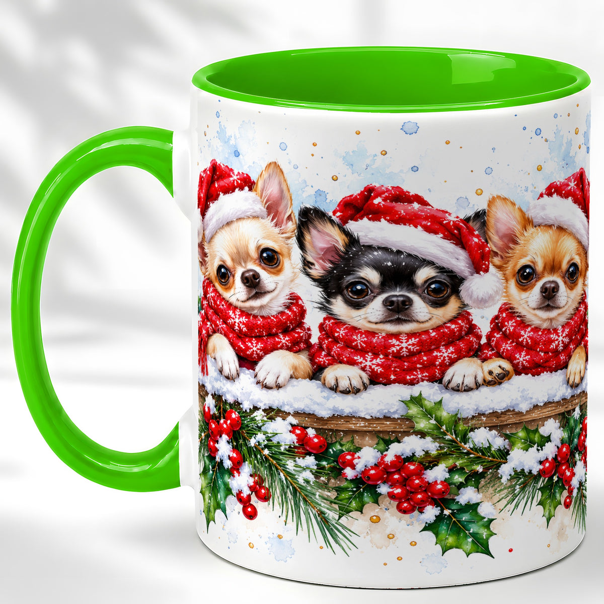 #pl[11oz|Green] Watercolor Chihuahua Coffee Mug, Christmas Dog Mug, Ceramic Cup