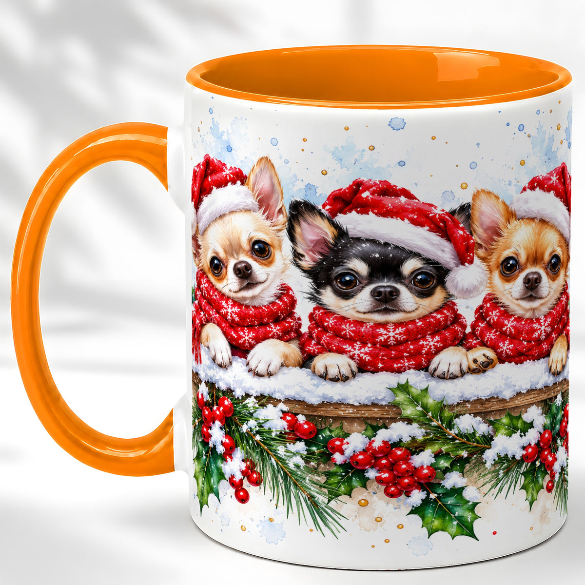 #pl[11oz|Orange] Watercolor Chihuahua Coffee Mug, Christmas Dog Mug, Ceramic Cup