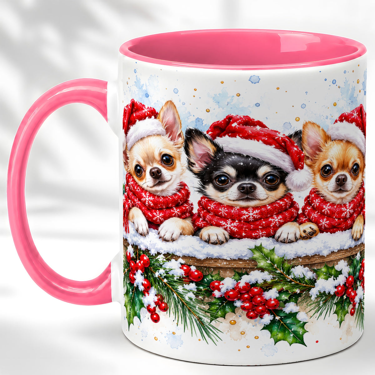 #pl[11oz|Pink] Watercolor Chihuahua Coffee Mug, Christmas Dog Mug, Ceramic Cup