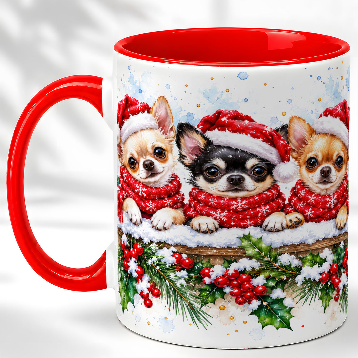 Watercolor Chihuahua Coffee Mug, Christmas Dog Mug, Ceramic Cup
