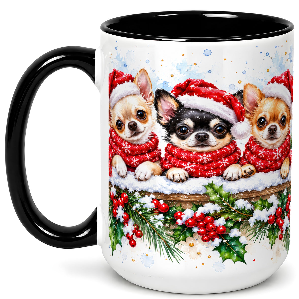 #pl[15oz|Black] Watercolor Chihuahua Coffee Mug, Christmas Dog Mug, Ceramic Cup