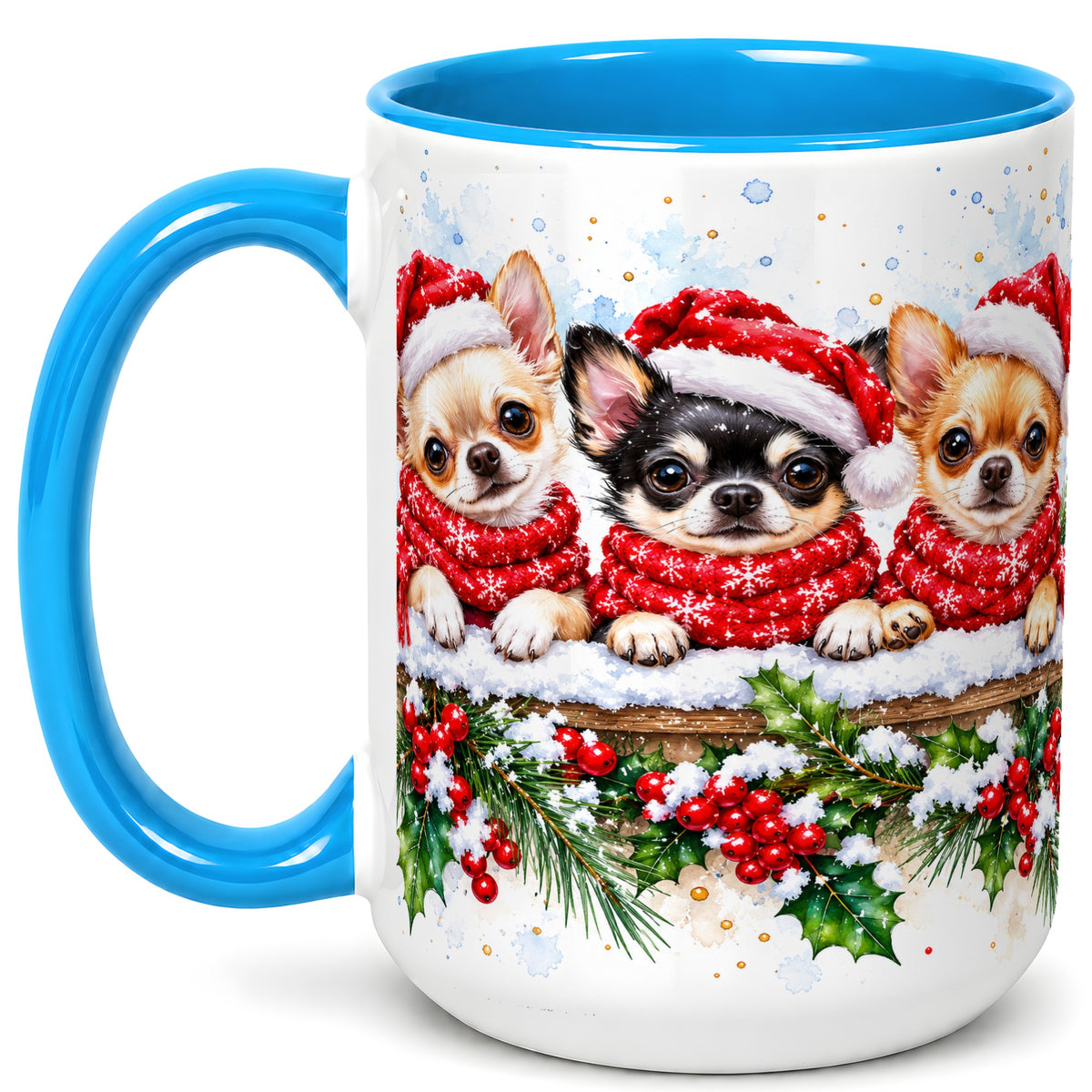 #pl[15oz|Blue] Watercolor Chihuahua Coffee Mug, Christmas Dog Mug, Ceramic Cup