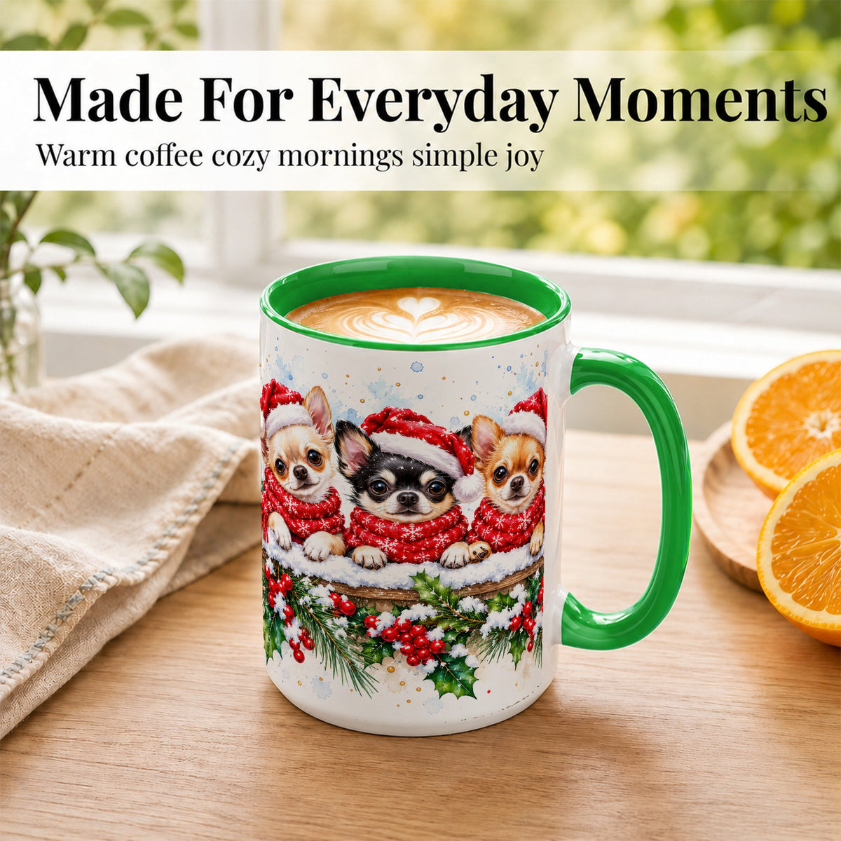 #pl[15oz|Green] Watercolor Chihuahua Coffee Mug, Christmas Dog Mug, Ceramic Cup