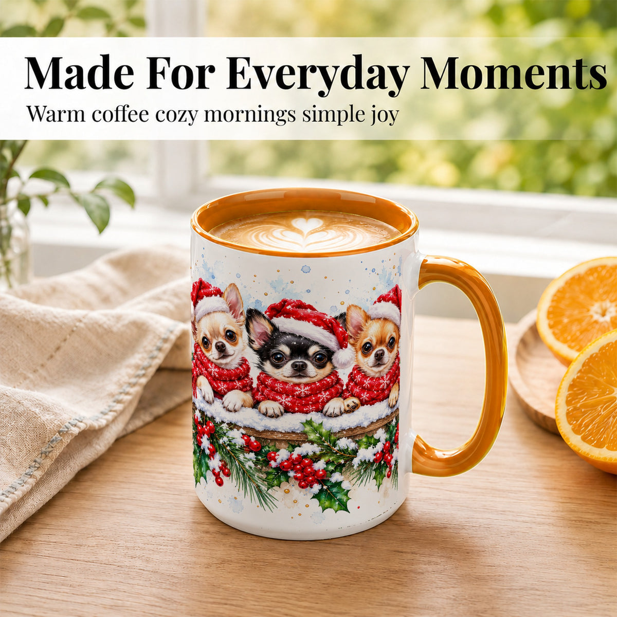 #pl[15oz|Orange] Watercolor Chihuahua Coffee Mug, Christmas Dog Mug, Ceramic Cup