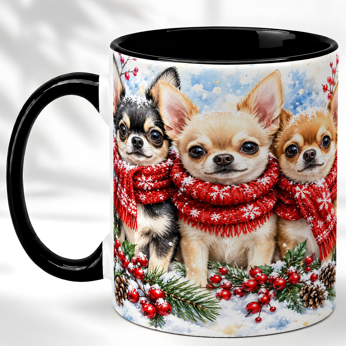 #pl[11oz|Black] Winter Chihuahua Coffee Mug, Snowy Holiday Dog Mug, Ceramic Cup