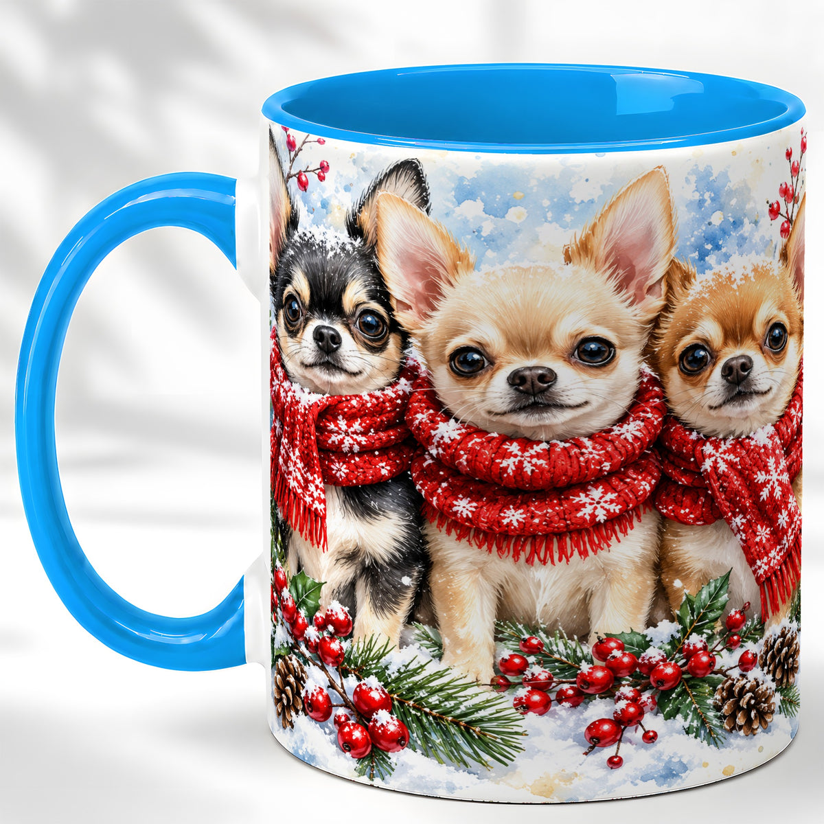 #pl[11oz|Blue] Winter Chihuahua Coffee Mug, Snowy Holiday Dog Mug, Ceramic Cup