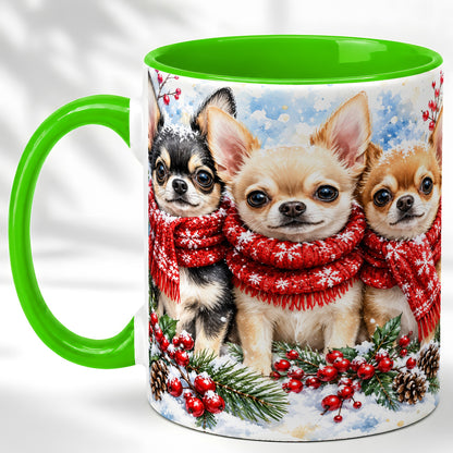 #pl[11oz|Green] Winter Chihuahua Coffee Mug, Snowy Holiday Dog Mug, Ceramic Cup