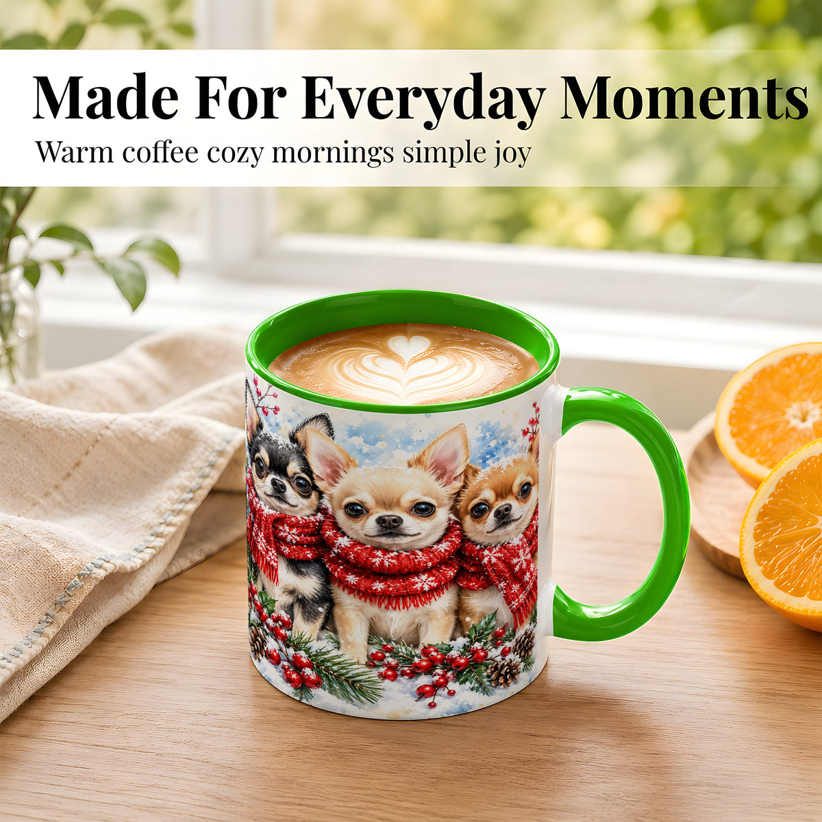 #pl[11oz|Green] Winter Chihuahua Coffee Mug, Snowy Holiday Dog Mug, Ceramic Cup