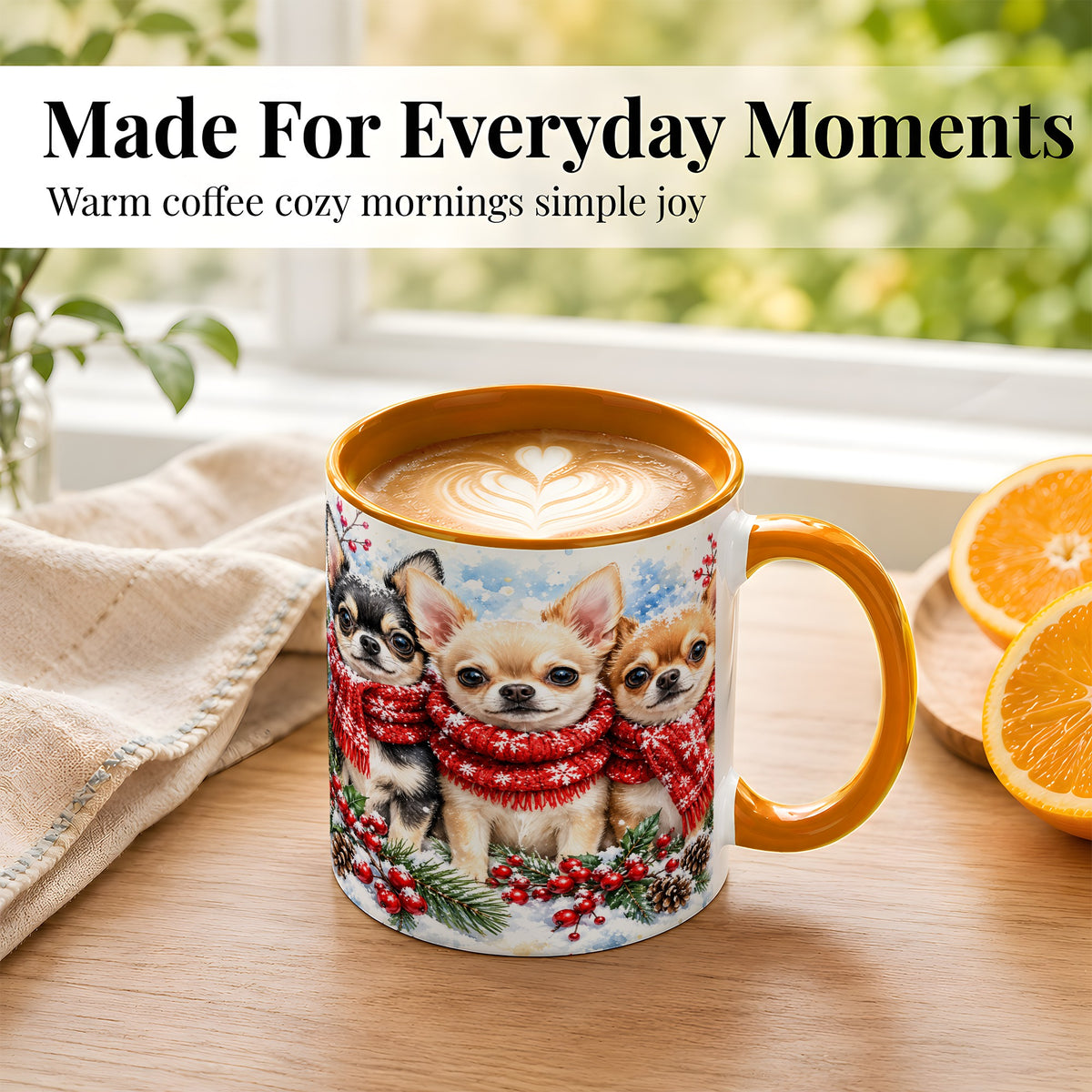 #pl[11oz|Orange] Winter Chihuahua Coffee Mug, Snowy Holiday Dog Mug, Ceramic Cup