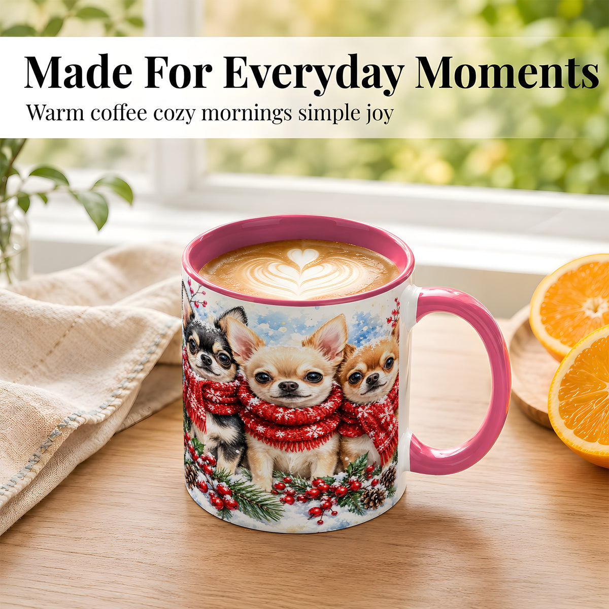 #pl[11oz|Pink] Winter Chihuahua Coffee Mug, Snowy Holiday Dog Mug, Ceramic Cup