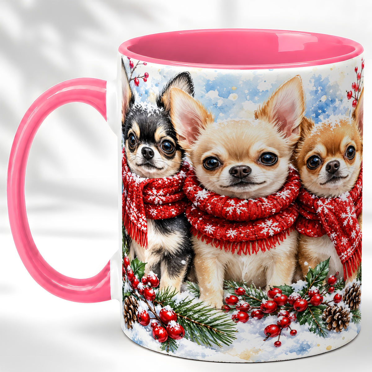 #pl[11oz|Pink] Winter Chihuahua Coffee Mug, Snowy Holiday Dog Mug, Ceramic Cup