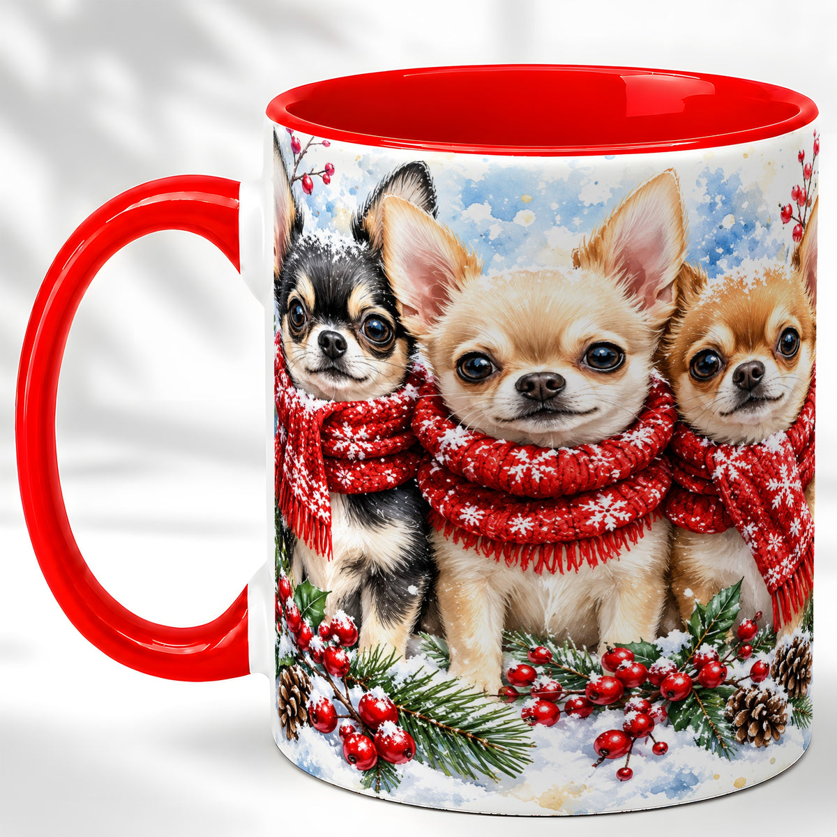 Winter Chihuahua Coffee Mug, Snowy Holiday Dog Mug, Ceramic Cup