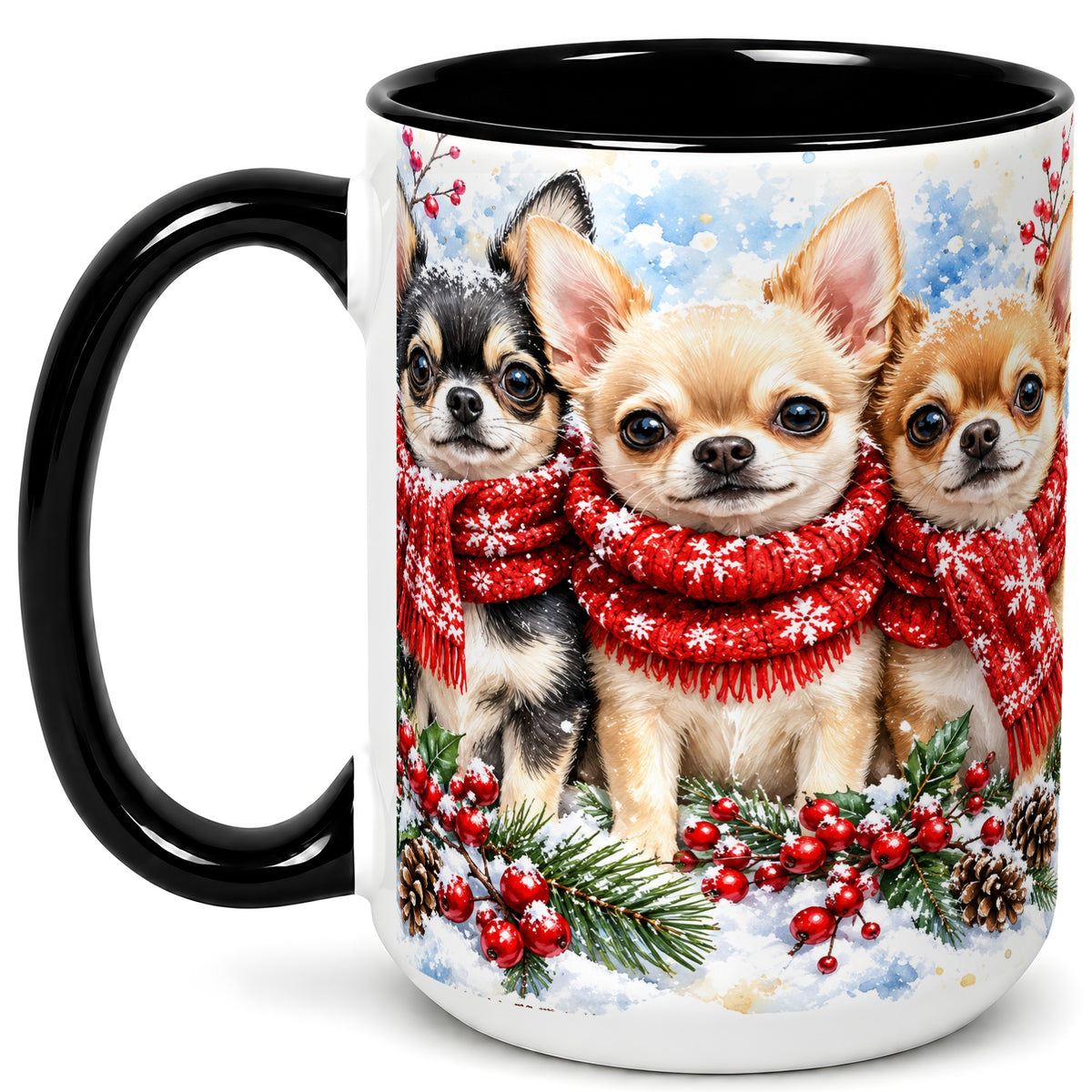#pl[15oz|Black] Winter Chihuahua Coffee Mug, Snowy Holiday Dog Mug, Ceramic Cup
