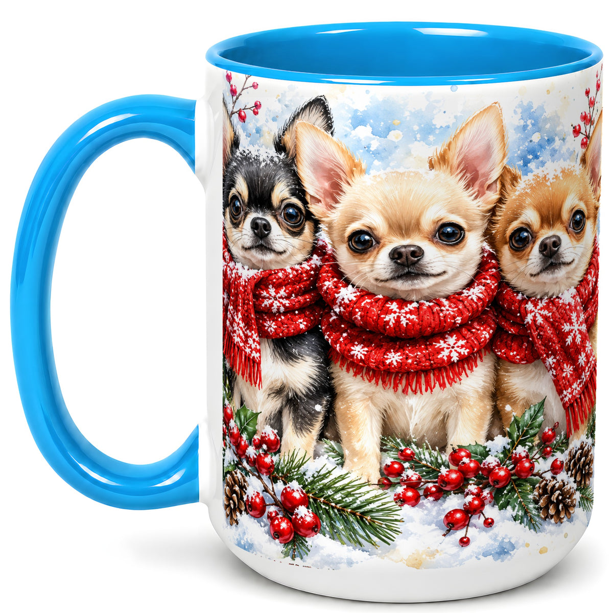 #pl[15oz|Blue] Winter Chihuahua Coffee Mug, Snowy Holiday Dog Mug, Ceramic Cup
